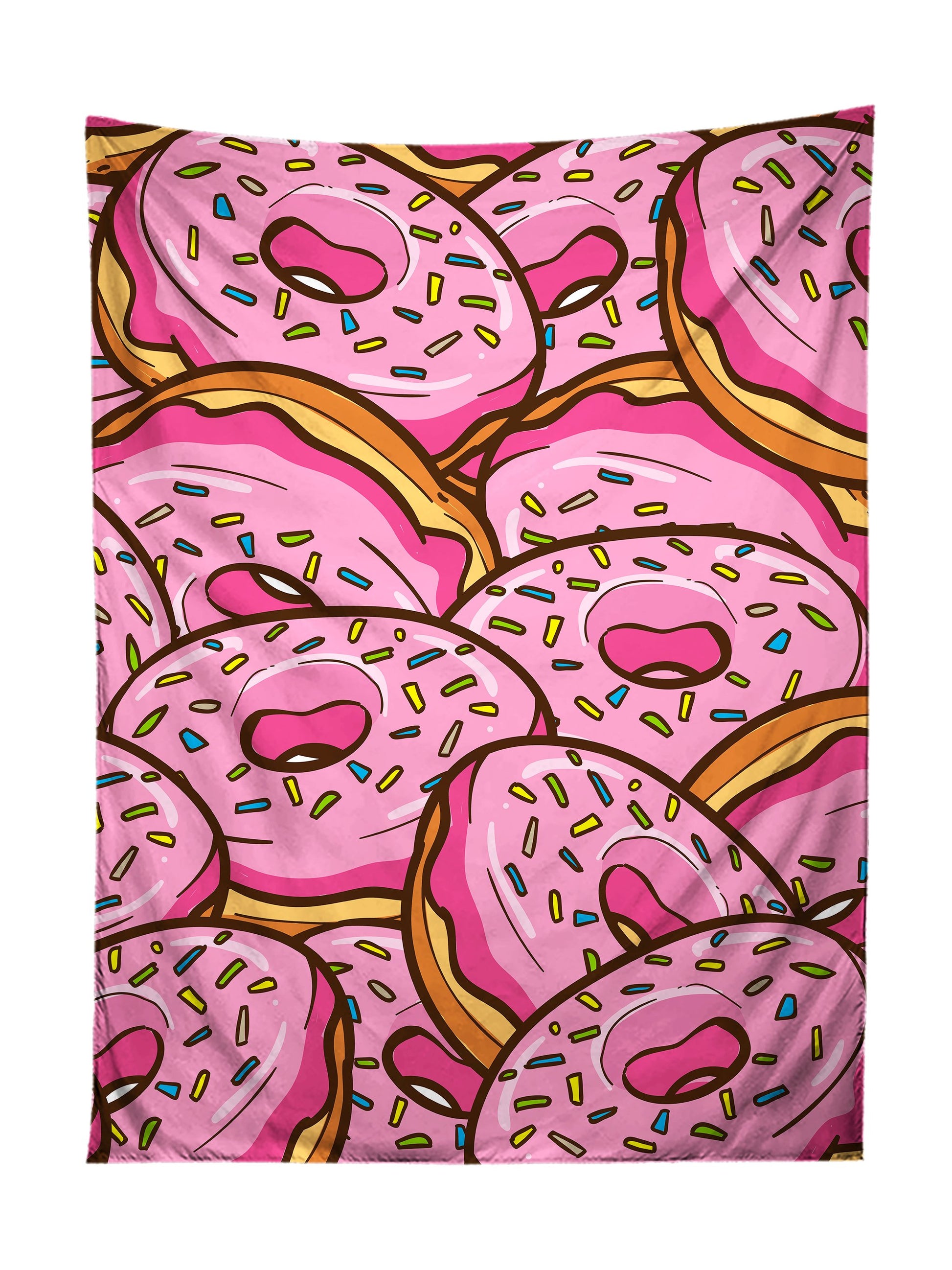 Vertical hanging view of all over print pink donut tapestry by GratefullyDyed Apparel.