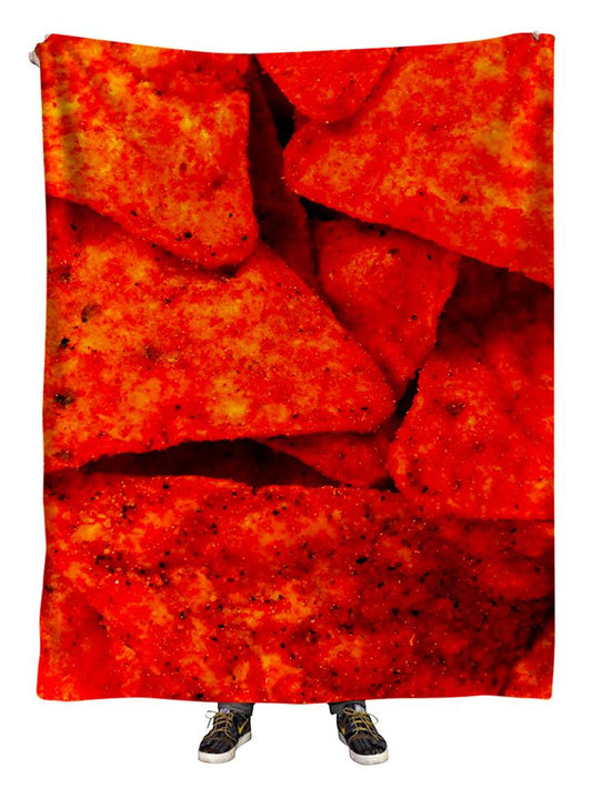 Hanging view of all over print red doritos blanket by GratefullyDyed Apparel.