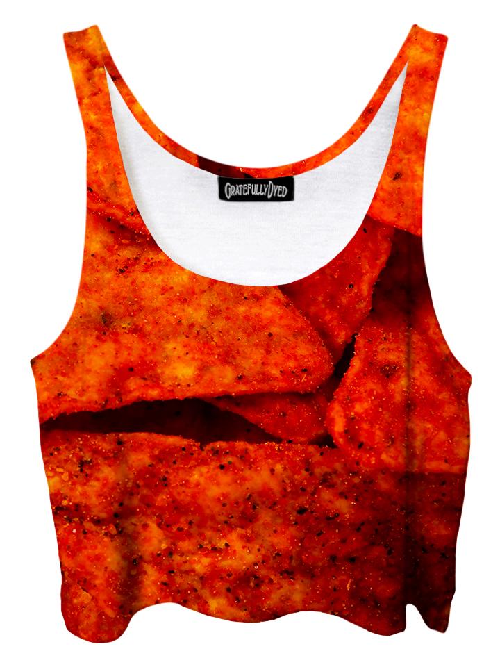 Trippy front view of GratefullyDyed Apparel red doritos crop top.