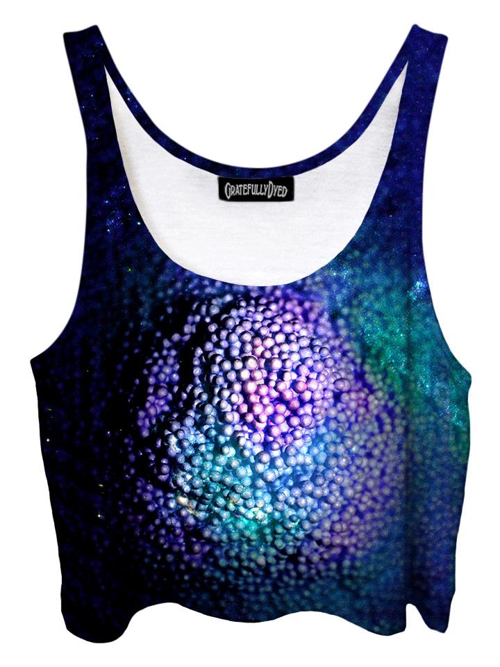 Trippy front view of GratefullyDyed Apparel purple & blue bubble galaxy crop top.