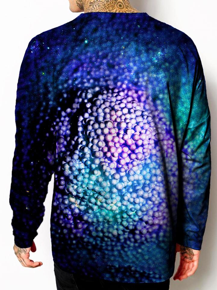 Model back view of all over print psychedelic space unisex longsleeve.