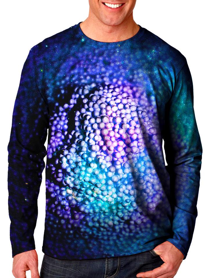 Front view of model wearing Gratefully Dyed Apparel bubble galaxy unisex long sleeve.