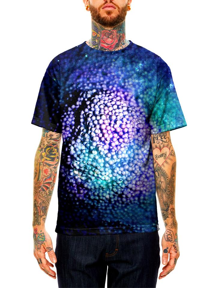 Model wearing GratefullyDyed purple, blue & green bubble galaxy unisex t-shirt.