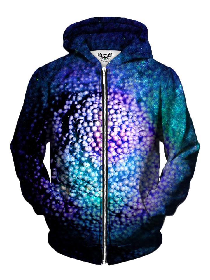 Men's blue, green & purple bubble texture zip-up hoodie front view.