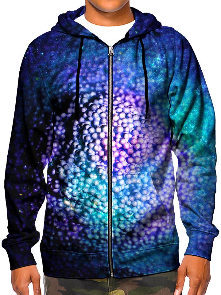 Model wearing GratefullyDyed Apparel psychedelic bubble galaxy zip-up hoodie.