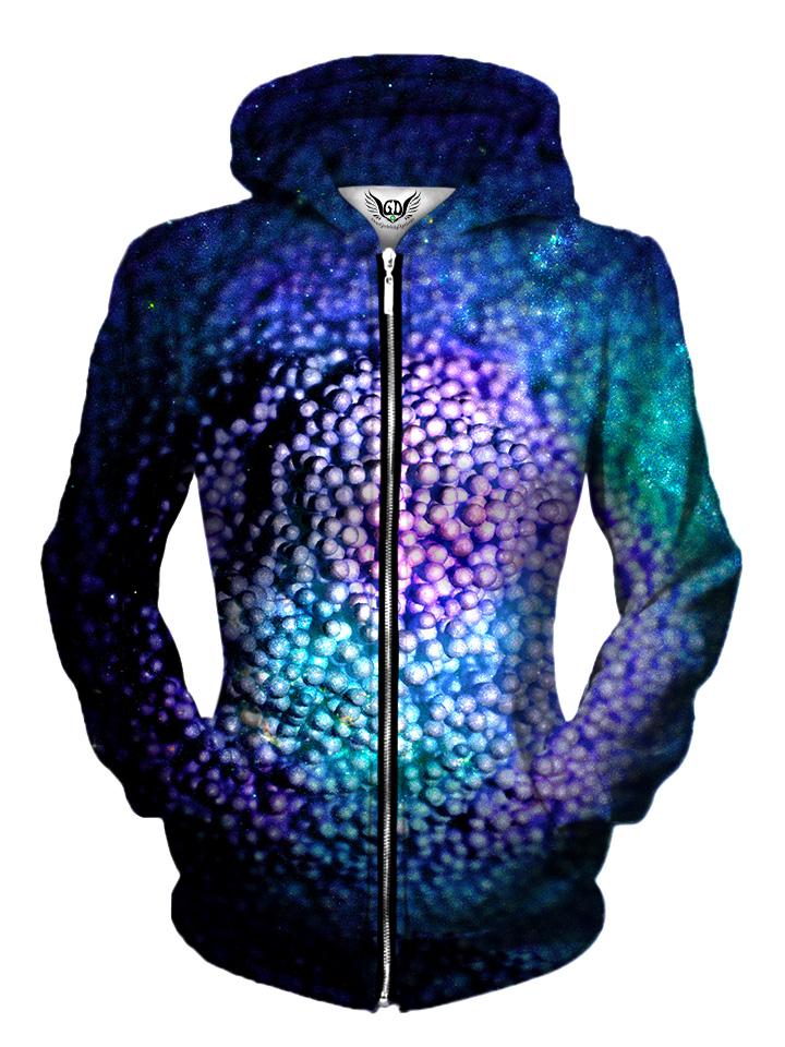 Front view of women's all over print texture zip up hoody by Gratefully Dyed Apparel.