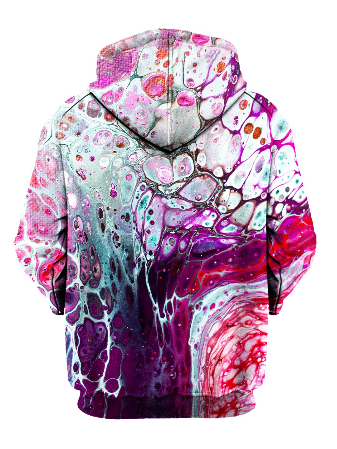 back view of a pink and purple sublimation hoodie