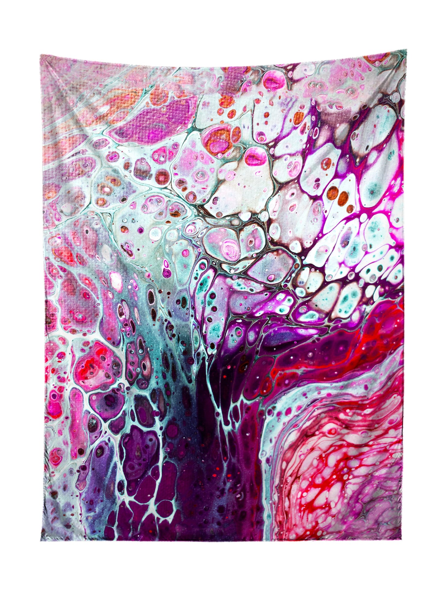 Vertical hanging view of all over print pink, purple & blue paint marbling tapestry by GratefullyDyed Apparel.