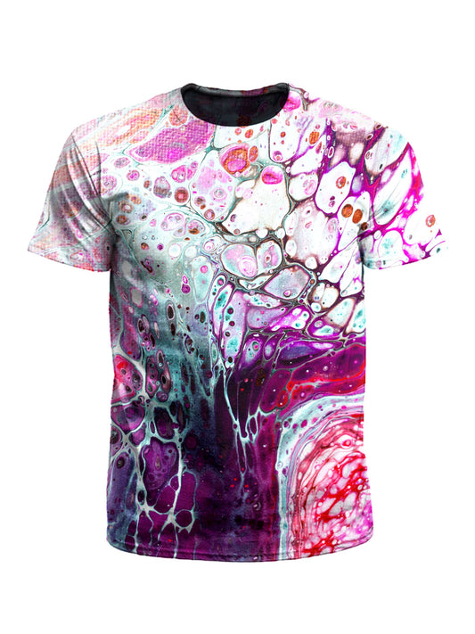 Men's pink, purple & blue marbling unisex t-shirt front view.