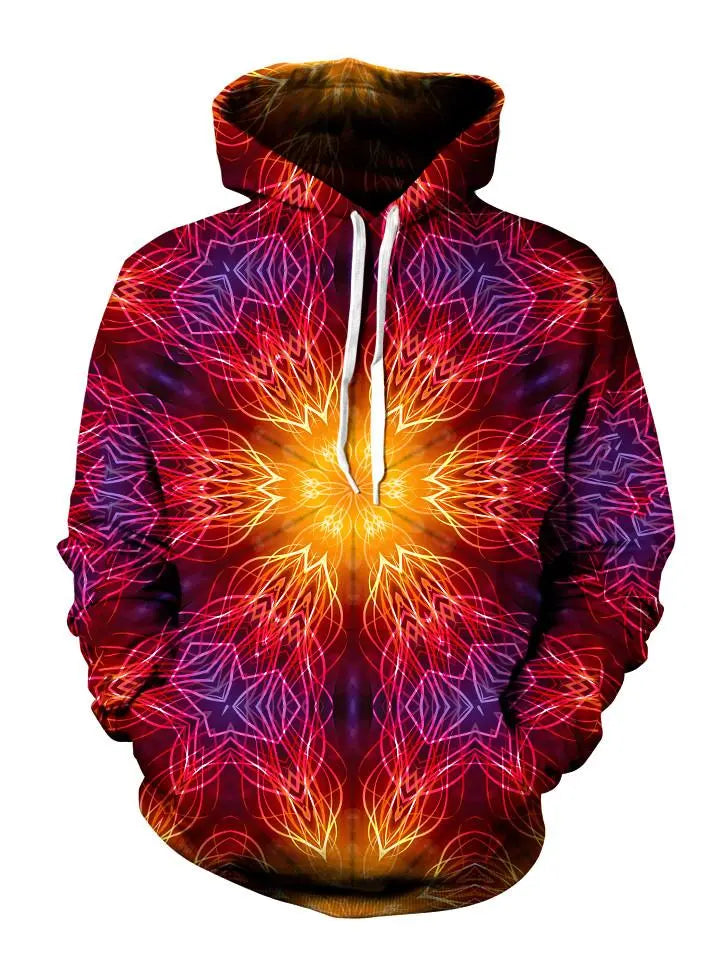 Psychedelic Fire Red Mandala Pullover Hoodie Front View
