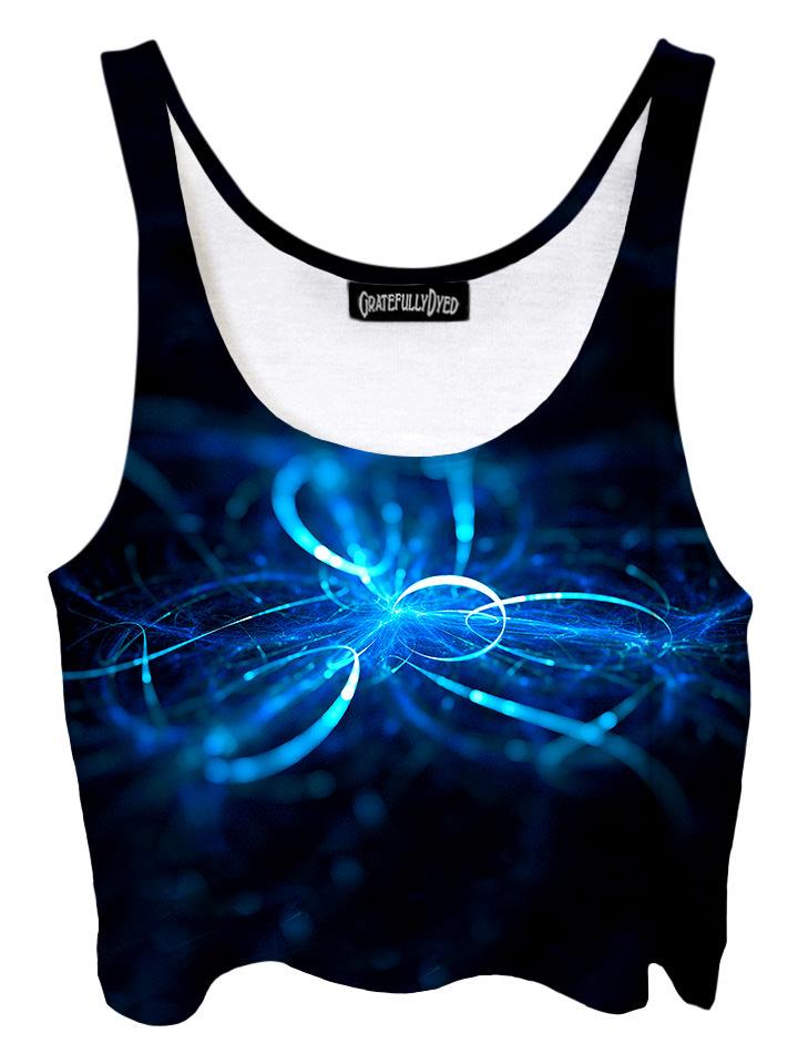 Trippy front view of GratefullyDyed Apparel blue & black light show galaxy crop top.