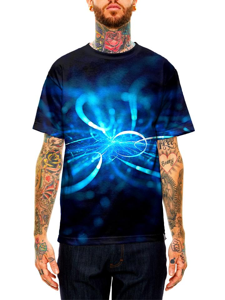 Model wearing GratefullyDyed Apparel electric blue swirl unisex t-shirt.