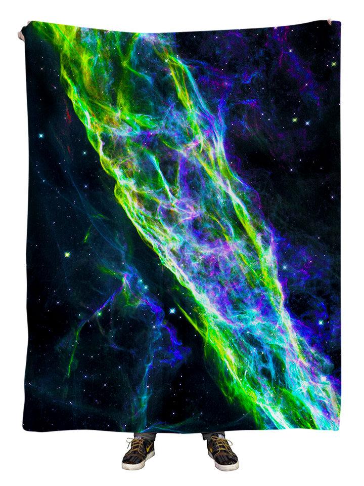 Hanging view of all over print neon green nebula galaxy blanket by GratefullyDyed Apparel.