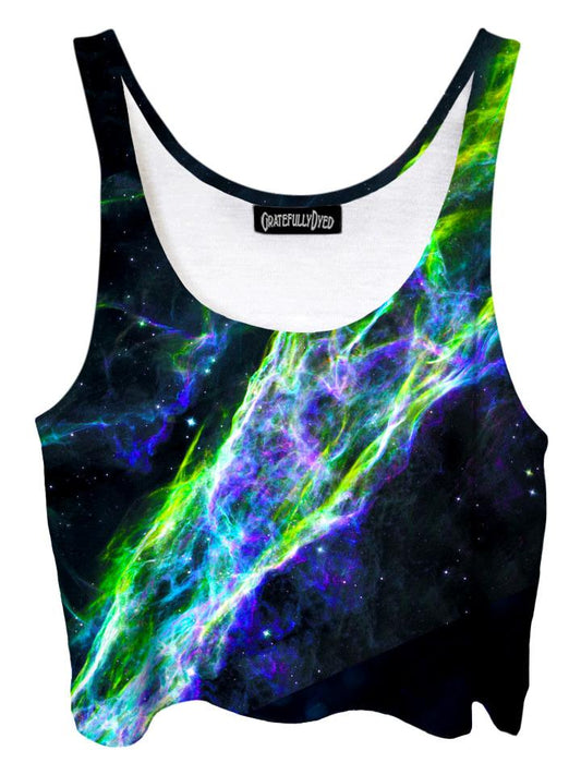 Trippy front view of GratefullyDyed Apparel black & neon green nebula galaxy crop top.