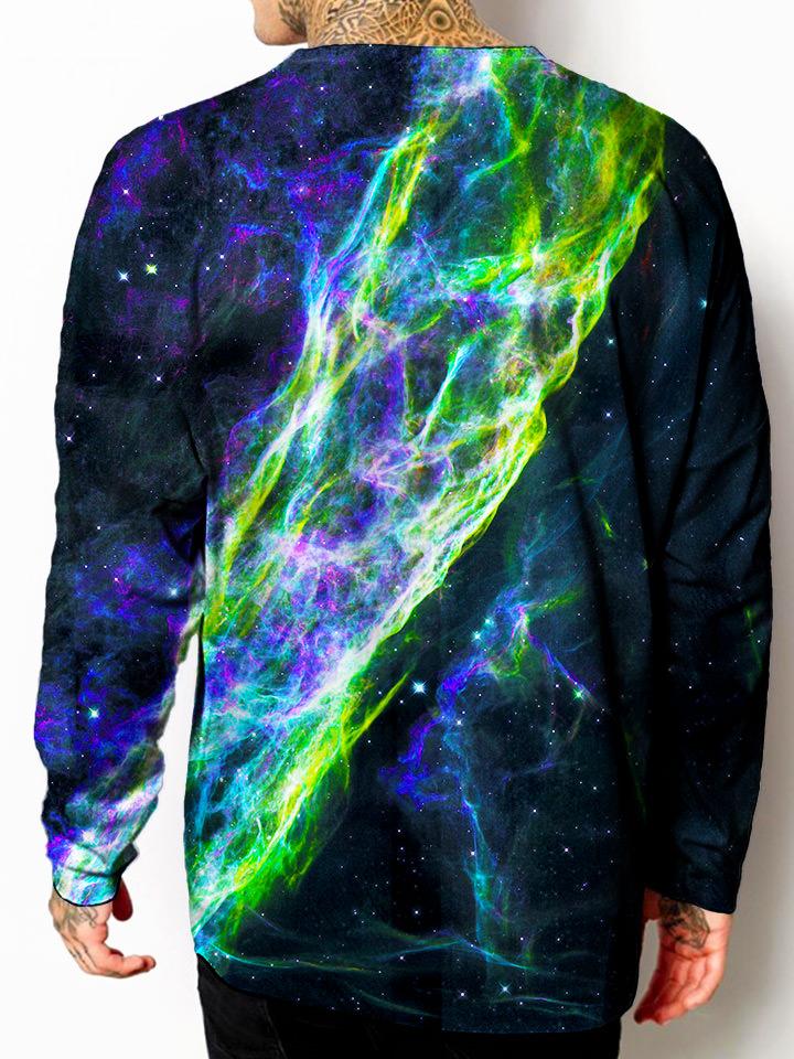 Model back view of all over print psychedelic space unisex longsleeve.
