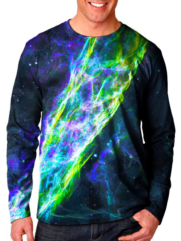 Front view of model wearing Gratefully Dyed Apparel nebula galaxy unisex long sleeve.