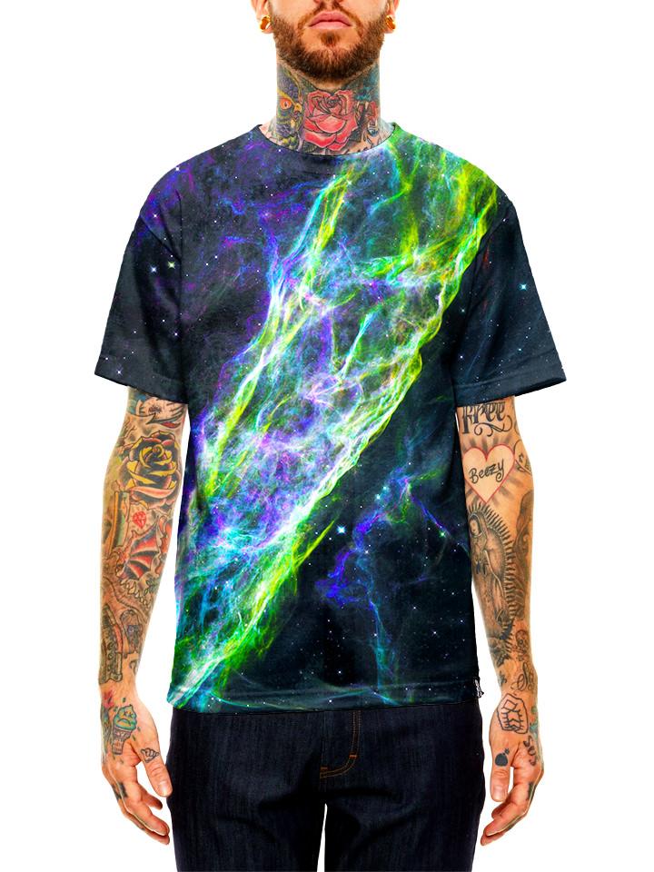 Model wearing GratefullyDyed neon green nebula galaxy unisex t-shirt.