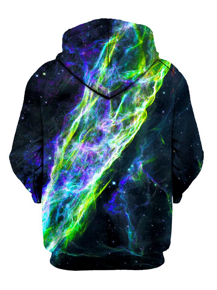 Back view of psychedelic green nebula galaxy all over print hoody. 