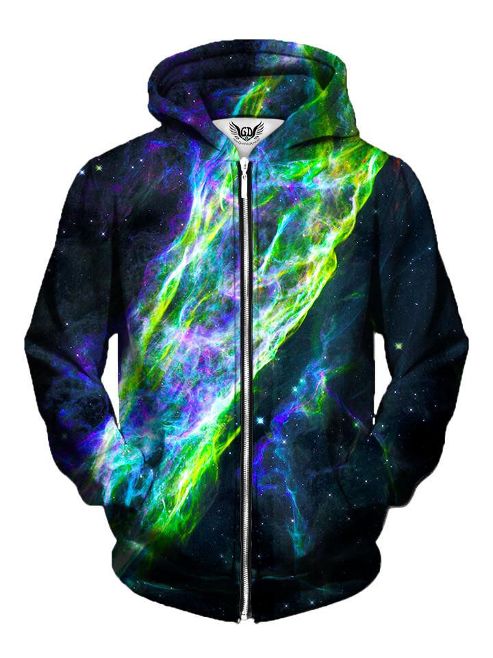 Men's neon green milky way galaxy zip-up hoodie front view.