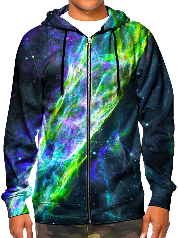 Model wearing GratefullyDyed Apparel neon green milky way galaxy zip-up hoodie.