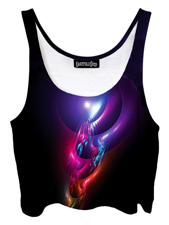 Trippy front view of GratefullyDyed Apparel rainbow & black sound wave fractal crop top.