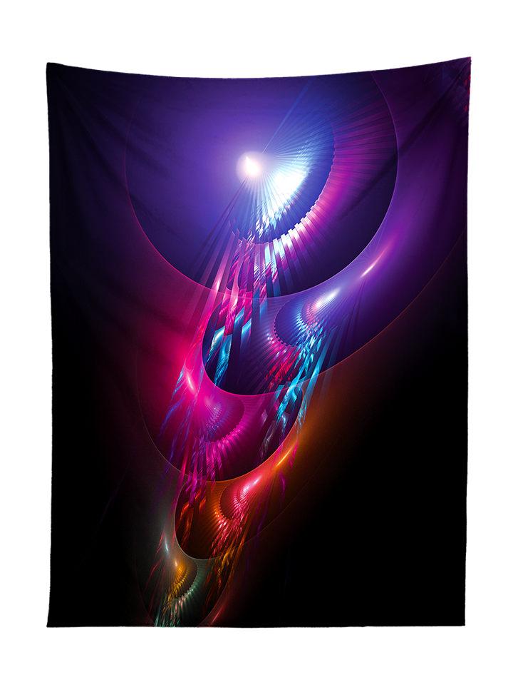 Vertical hanging view of all over print rainbow sound wave fractal tapestry by GratefullyDyed Apparel.