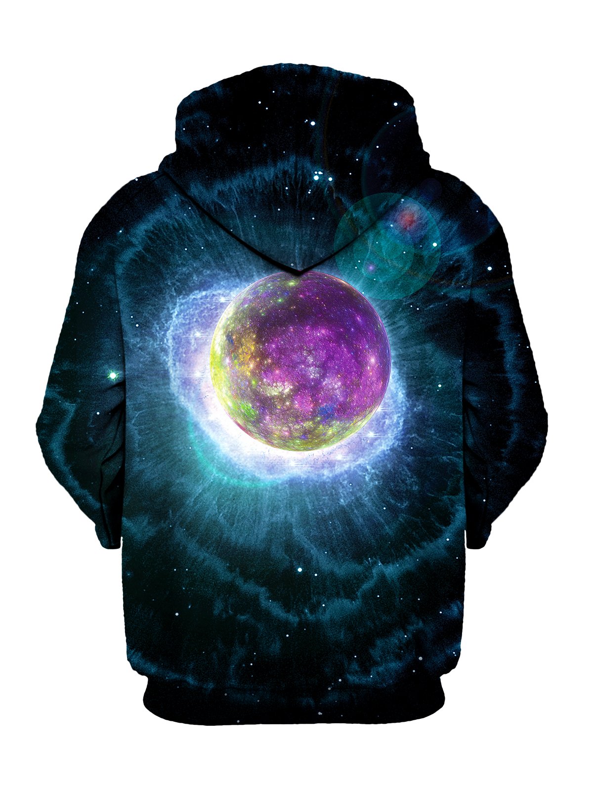 Back view of same psychedelic nebula planet galaxy all over print hoody. 