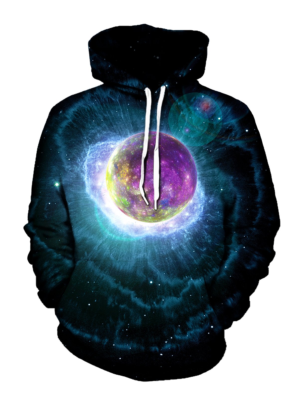 Men's black with purple planet & nebula explosion pullover hoodie front view.