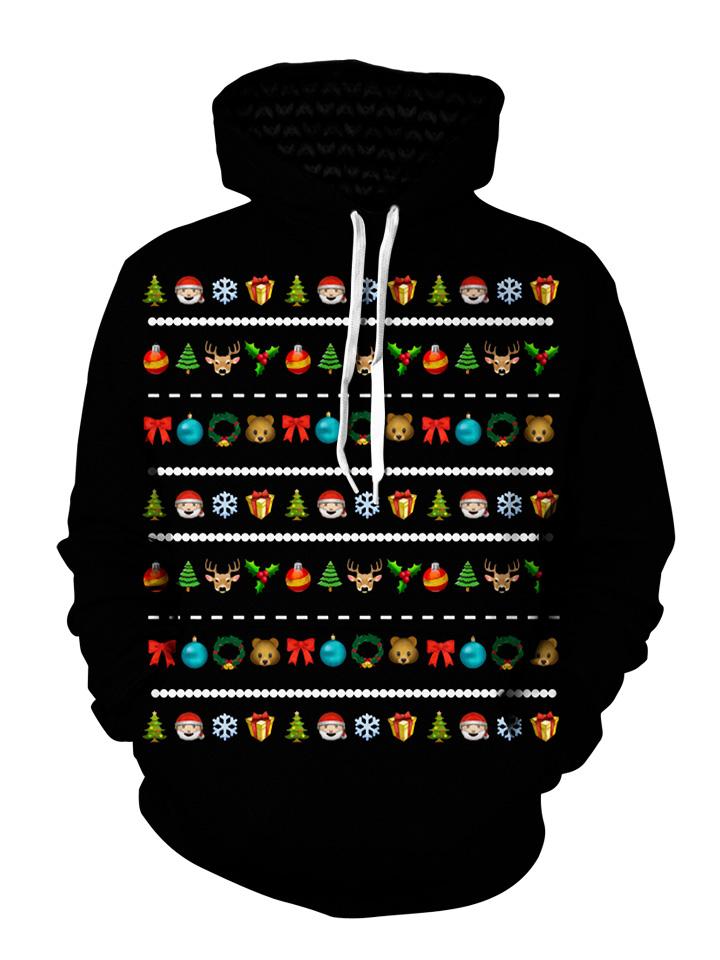 Colorful Emoji On Black Christmas Pullover Hoodie Front View