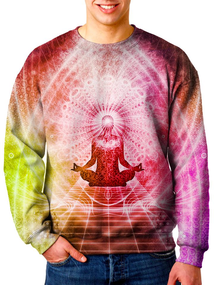 Model wearing Gratefully Dyed Apparel lotus pose chakra unisex sweater. 