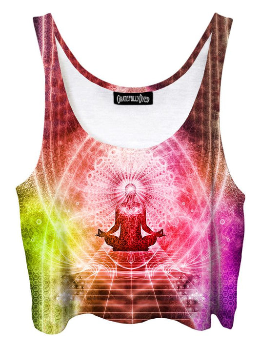 Trippy front view of GratefullyDyed Apparel orange, pink & yellow visionary art mandala crop top.