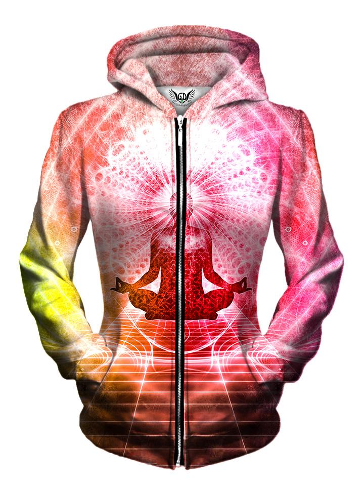 Front view of women's all over print visionary art zip up hoody by Gratefully Dyed Apparel.