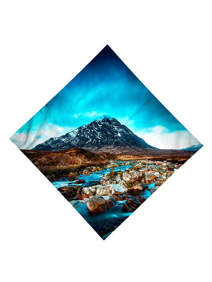 Trippy Gratefully Dyed Apparel blue & brown mountain river bandana flat view.