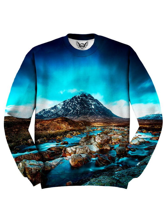 All over print blue & brown mountain river unisex sweater by GratefullyDyed Apparel front view.