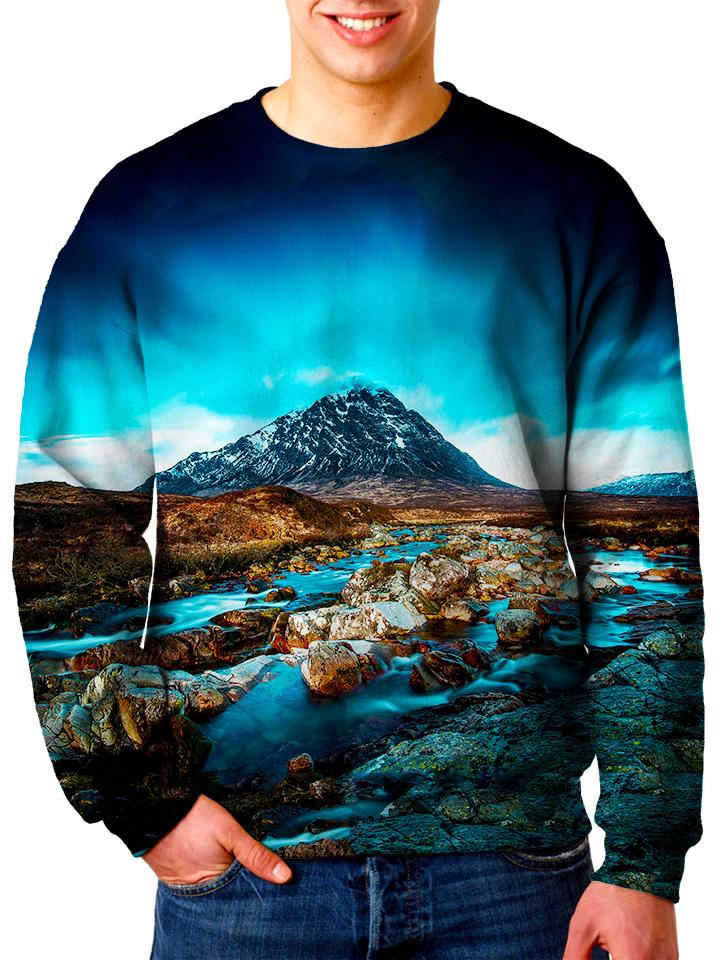 Model wearing Gratefully Dyed Apparel mountain river nature unisex sweater. 