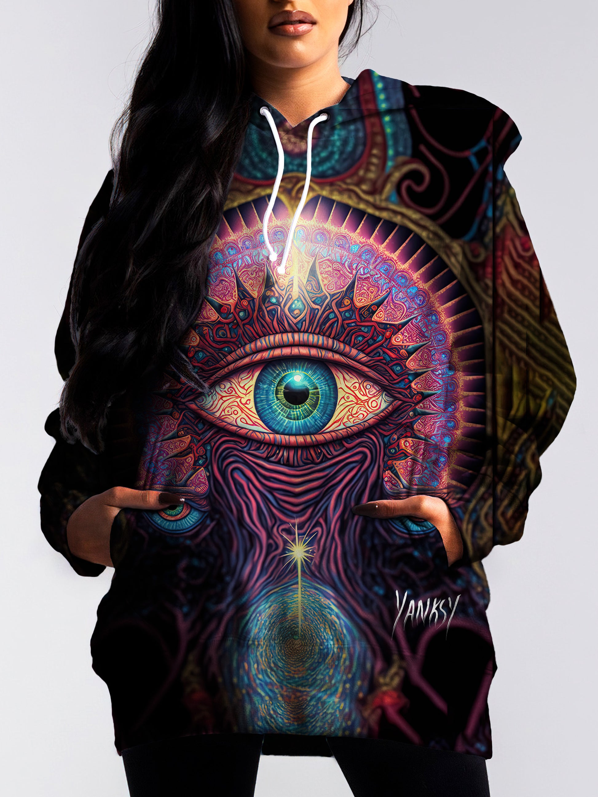 turn heads with this bright and colorful trippy pullover hoodie
