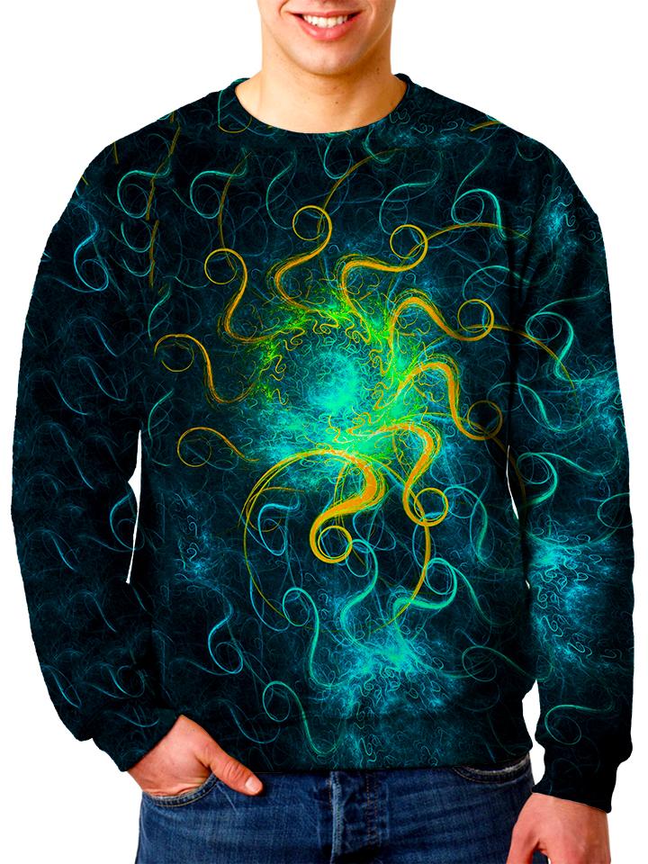 Model wearing Gratefully Dyed Apparel abstract mandala unisex sweater. 