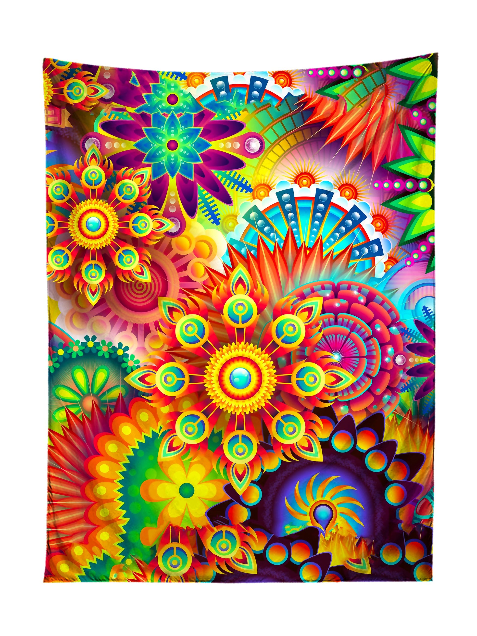 Vertical hanging view of all over print rainbow mandala fractal tapestry by GratefullyDyed Apparel.