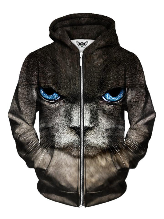 Men's close up gray kitty cat with blue eyes zip-up hoodie front view.