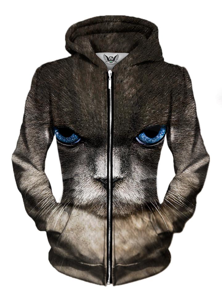 Front view of women's all over print cat zip up hoody by Gratefully Dyed Apparel.