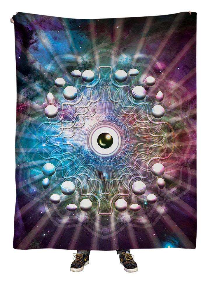 Hanging view of all over print rainbow eye mandala blanket by GratefullyDyed Apparel.