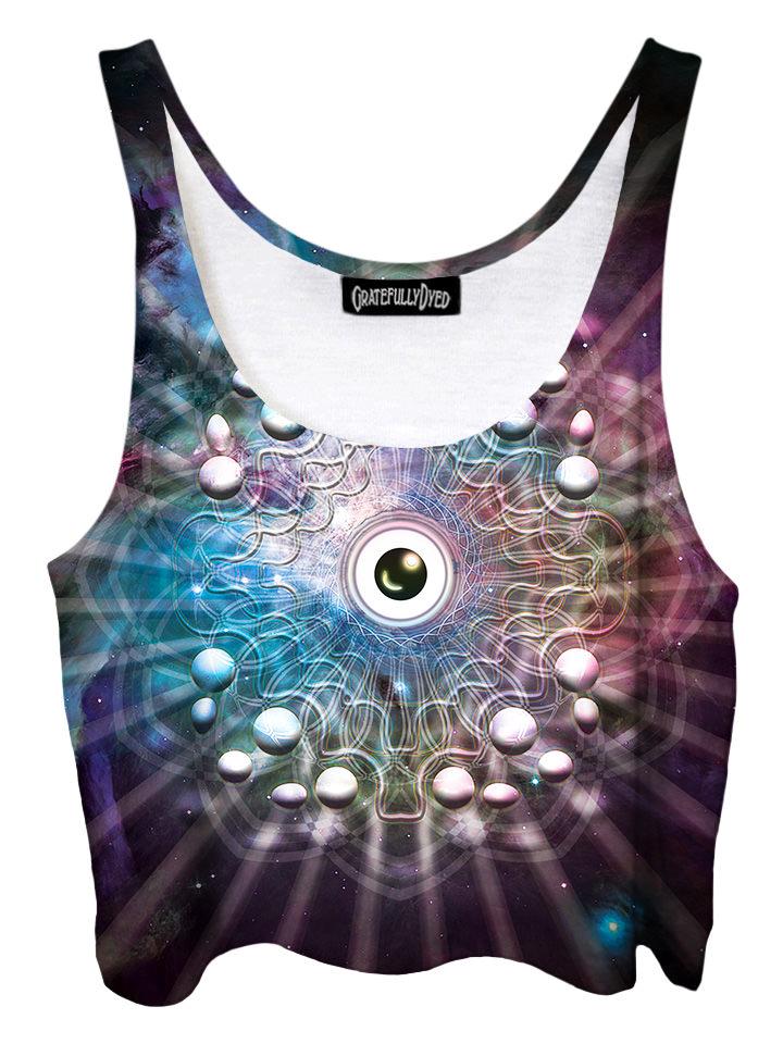 Trippy front view of GratefullyDyed Apparel rainbow & white eye ball mandala crop top.