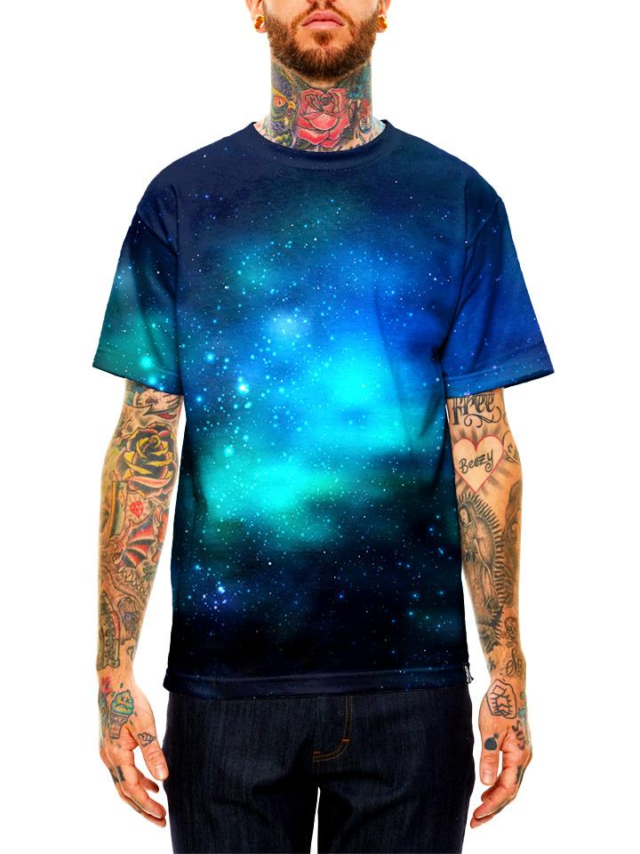 Model wearing GratefullyDyed blue galaxy unisex t-shirt.