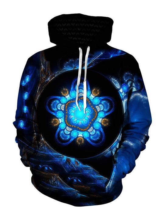 Men's black with blue alien tech mandala pullover hoodie front view.