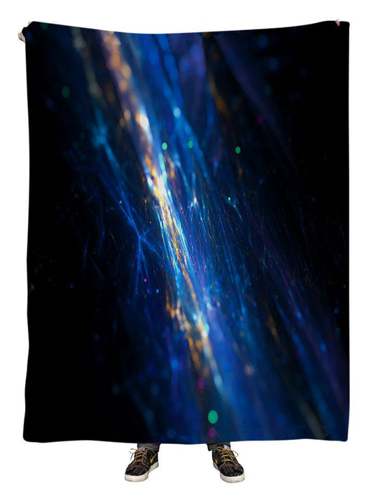 Hanging view of all over print blue fiber optic galaxy blanket by GratefullyDyed Apparel.