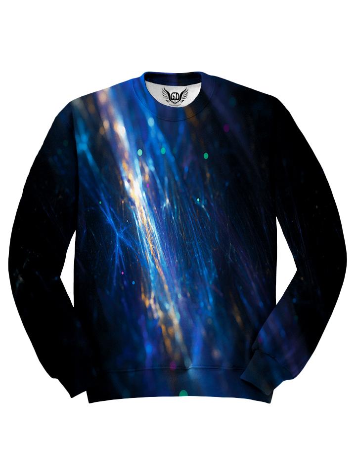 All over print blue & black fiber optics unisex sweater by GratefullyDyed Apparel front view.