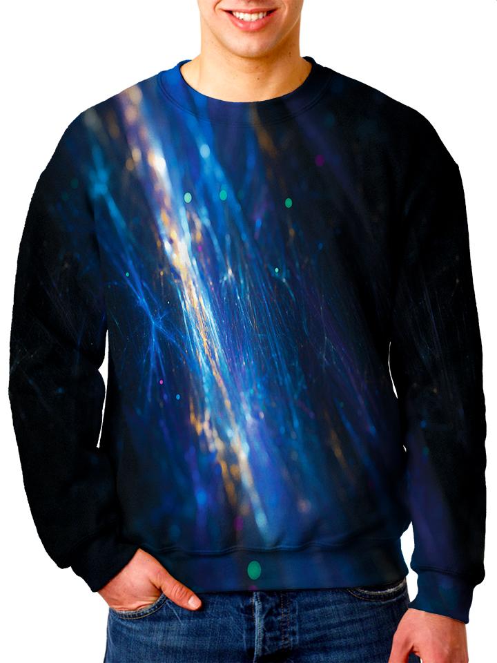 Model wearing Gratefully Dyed Apparel fiber optics unisex sweater. 