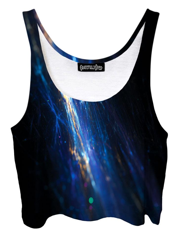 Trippy front view of GratefullyDyed Apparel black & blue fiber optic galaxy crop top.