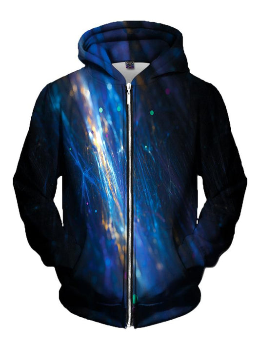 Men's black & blue fiber optics zip-up hoodie front view.