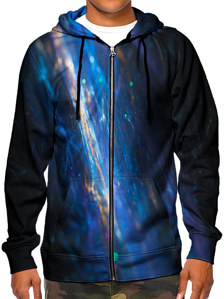 Model wearing GratefullyDyed Apparel all over print psychedelic blue fiber optics zip-up hoodie.